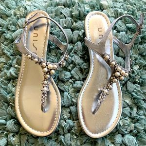 Jeweled silver and pearled sandals comes with box